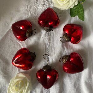 Vintage Kugel-Style Red Glass Heart Ornaments Silver-Lined Holiday & Valentine